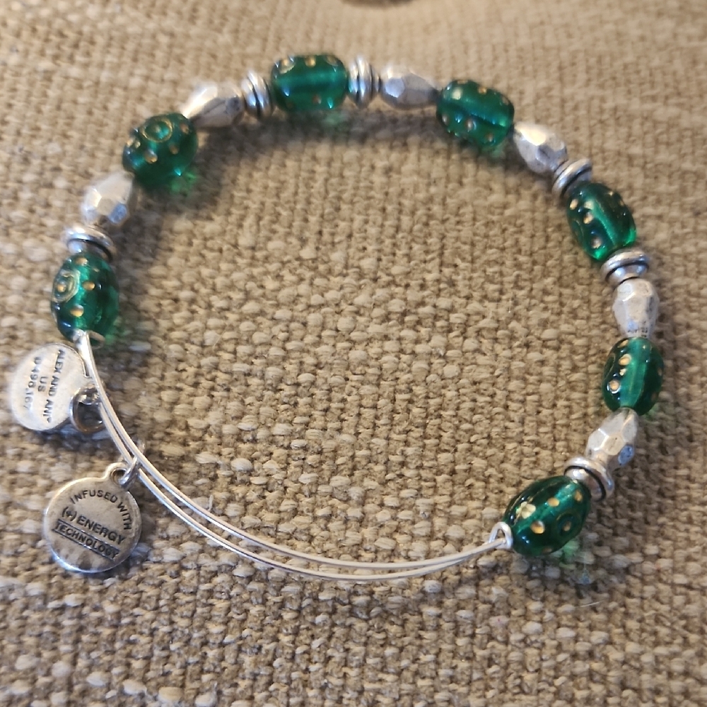 Alex and Ani Silver Bracelet with Green Beads